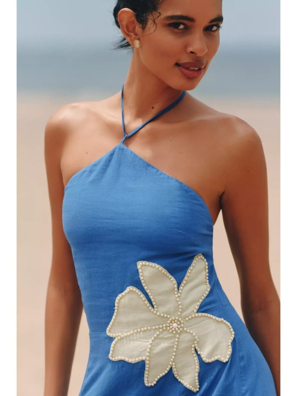 Anthropologie Celandine Linen Halter Side-Slit Maxi Dress Blue Beaded XL - Picture 3 of 5